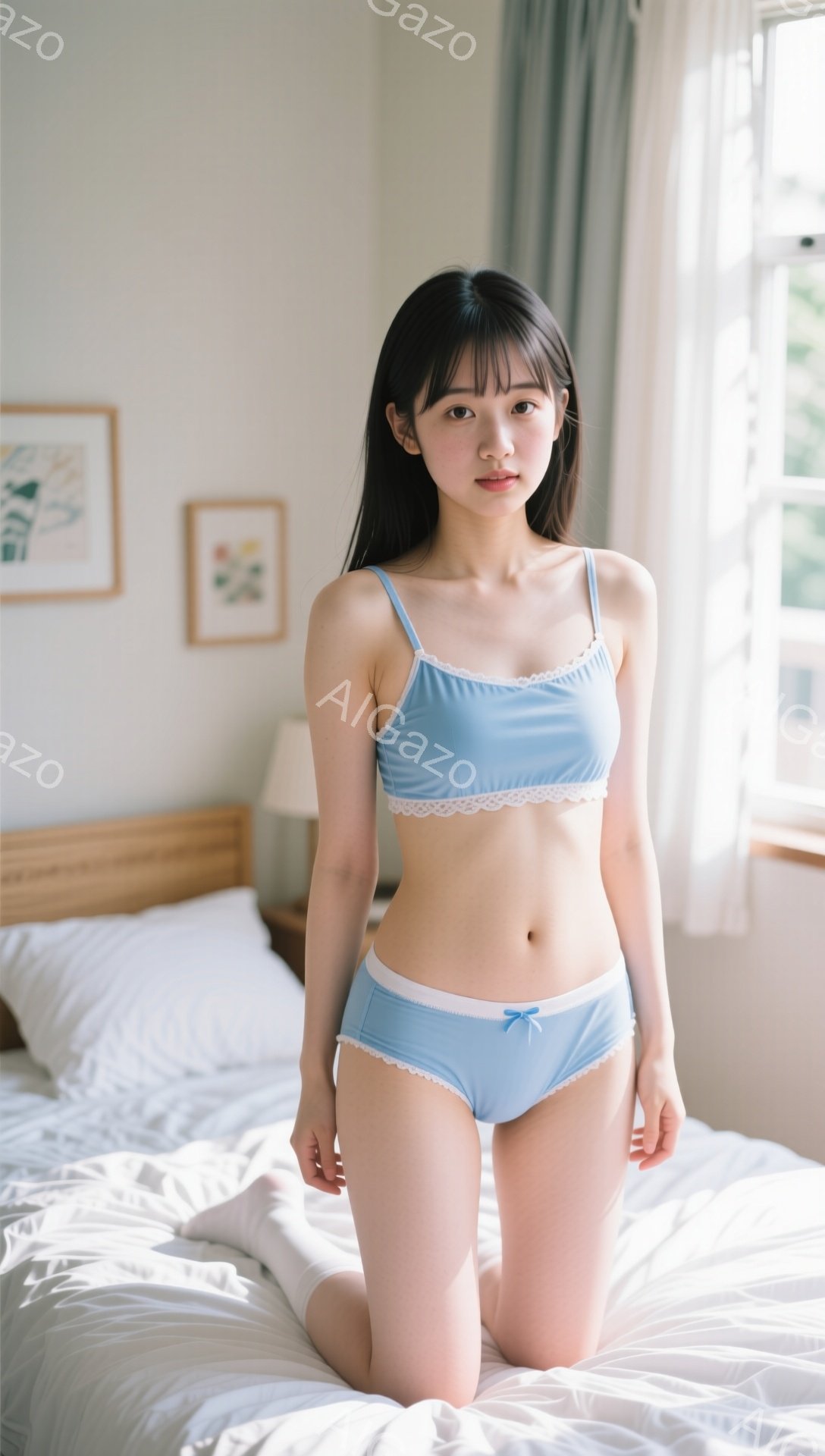 浅い青色のレーストリムが付いたキャミソールとショーツ姿の若い女性が、白いベッドの上に膝をついて座っています。彼女は黒髪のストレートヘアで、少し微笑んでいます。背景には窓から差し込む光と、抽象的な絵画が - AI生成フリー素材