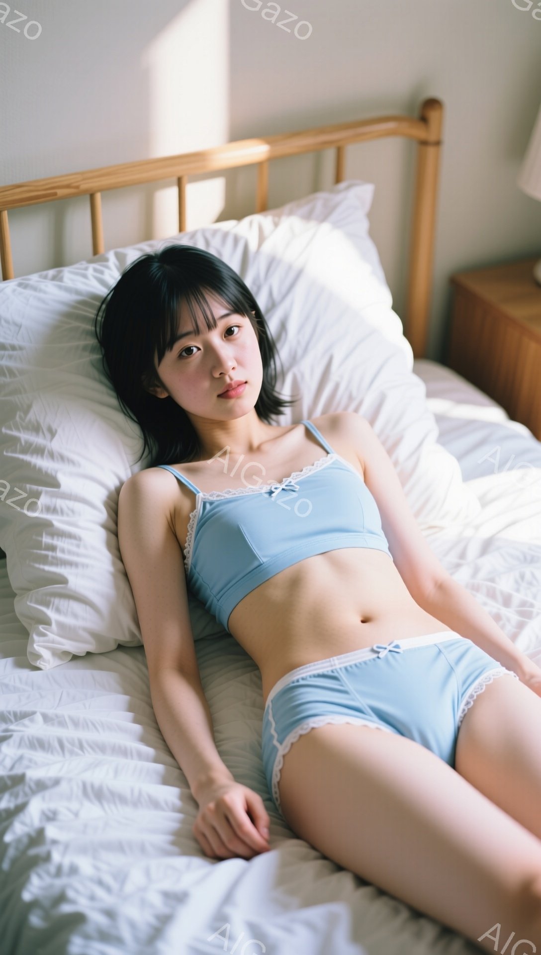 長い黒髪の女性が白いベッドに横たわっています。彼女は水色のレース付きのブラとショーツのセットアップを着ており、リラックスした表情でカメラを見ています。背景には木製のヘッドボードとサイドテーブルが見え、 - AI生成フリー素材