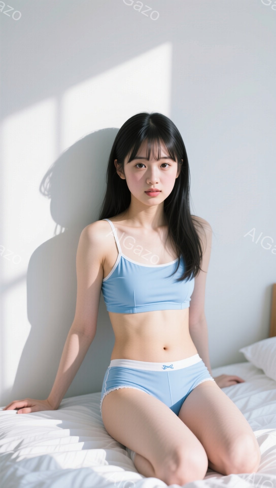 黒髪の女性が、水色のキャミソールとショーツのセットアップ姿で白いベッドに座っています。彼女は膝を立てて座り、少し微笑んだ表情でカメラを見ています。背景は白く、強い光が差し込んでおり、全体的に清潔感のあ - AI生成フリー素材