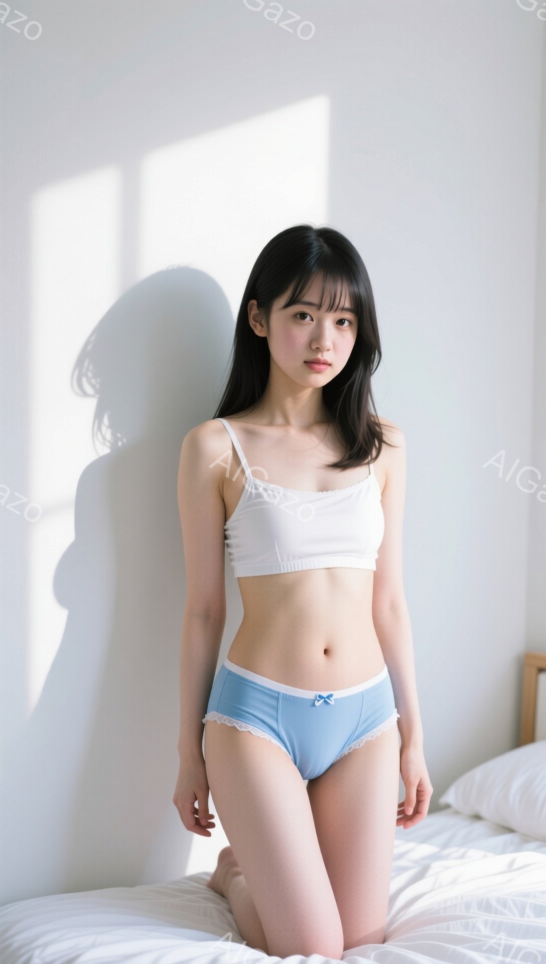 長い黒髪で前髪のある若い女性が、白いブラと水色のフリル付きブリーフを身につけて膝をついて立っている。彼女はわずかに微笑んでおり、穏やかで落ち着いた表情をしている。背景は白いベッドと壁で、光が差し込み、影が落とされている。