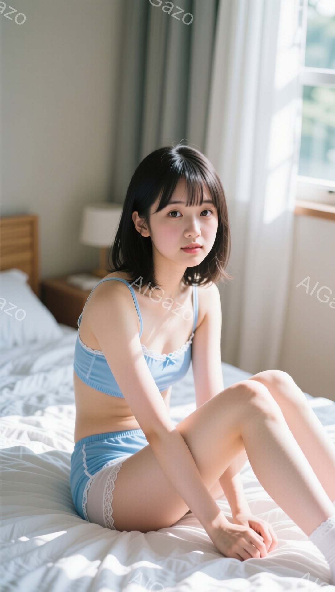 青い下着姿の若い女性がベッドに座っている。彼女は黒髪で前髪が眉毛にかかるようなヘアスタイルで、少し微笑んでいる。背景には白いベッドシーツと窓が見え、自然光が差し込み、柔らかく穏やかな雰囲気を醸し出して - AI生成フリー素材