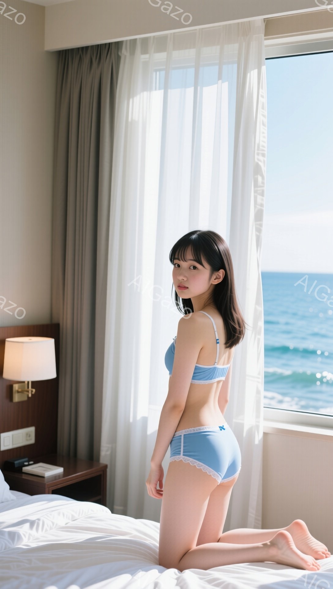 明るい色のカーテンの前に、青い下着姿の女性がひざまずいています。彼女は黒髪のボブヘアで、少し微笑んだ表情をしています。背景には青い海と白い波が見え、室内は明るく、リラックスした雰囲気です。 - AI生成フリー素材