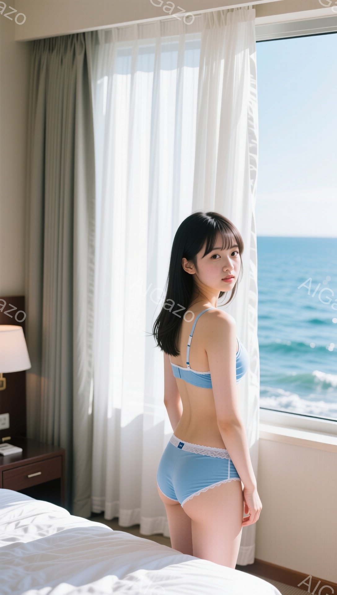 長い黒髪で、前髪は眉毛にかかるようにカットされている女性が写っています。彼女は水色のブラとショーツのセットアップを着用し、ベッドの前に立って背中を向けています。背景には、海と白いカーテンがあり、明るい - AI生成フリー素材