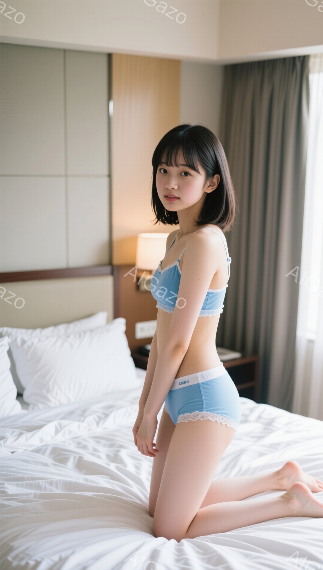 明るい青色のランジェリーセットを身につけた若い女性が、白いベッドの上でひざまずいています。彼女は肩までの長さのダークブラウンの髪をしており、顔色は明るく、わずかに微笑んでいます。ベッドルームはシンプル - AI生成フリー素材