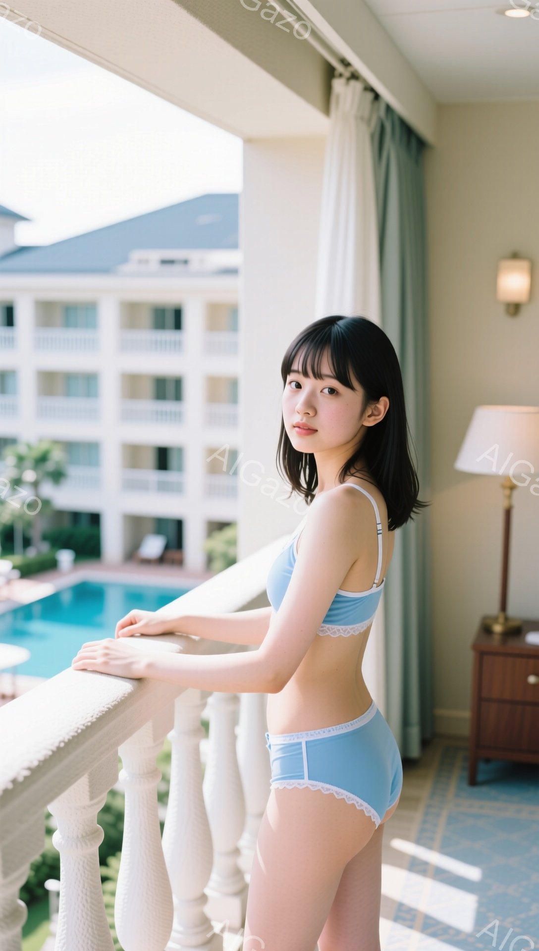 モデルは、水色のブラとショーツのセットアップを着て、バルコニーの手すりに寄りかかっています。黒髪のボブヘアで、前髪は眉毛にかかる程度にカットされ、少し微笑んだ表情をしています。背景には、プールと白い建 - AI生成フリー素材