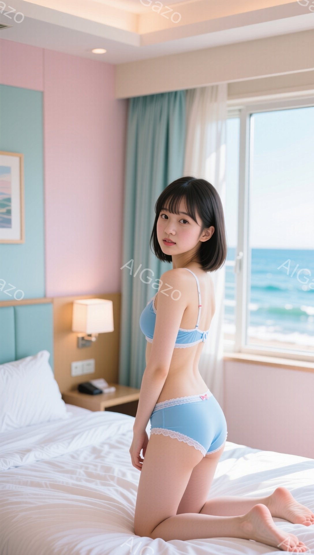 黒髪のショートヘアに前髪を合わせた女性が、水色のランジェリーセットを身に着けてベッドの上に跪いています。彼女は少し振り返り、少し微笑んでいる表情で、裸足でポーズをとっています。背景には、海が見える明るい客室があり、ベッドサイドテーブル、ランプ、絵画などが見えます。
