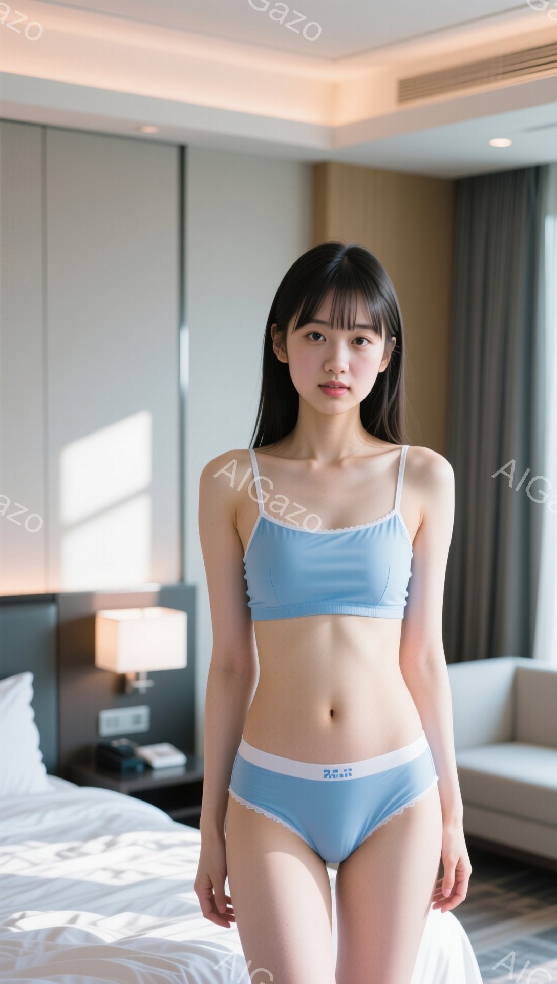 明るい室内で、若い女性が水色のブラとショーツのセットを着用し、少し微笑んでいます。彼女はストレートで艶やかな黒髪を持ち、前髪が目にわずかに触れています。背景には白いベッドとソファがあり、モダンなホテル - AI生成フリー素材