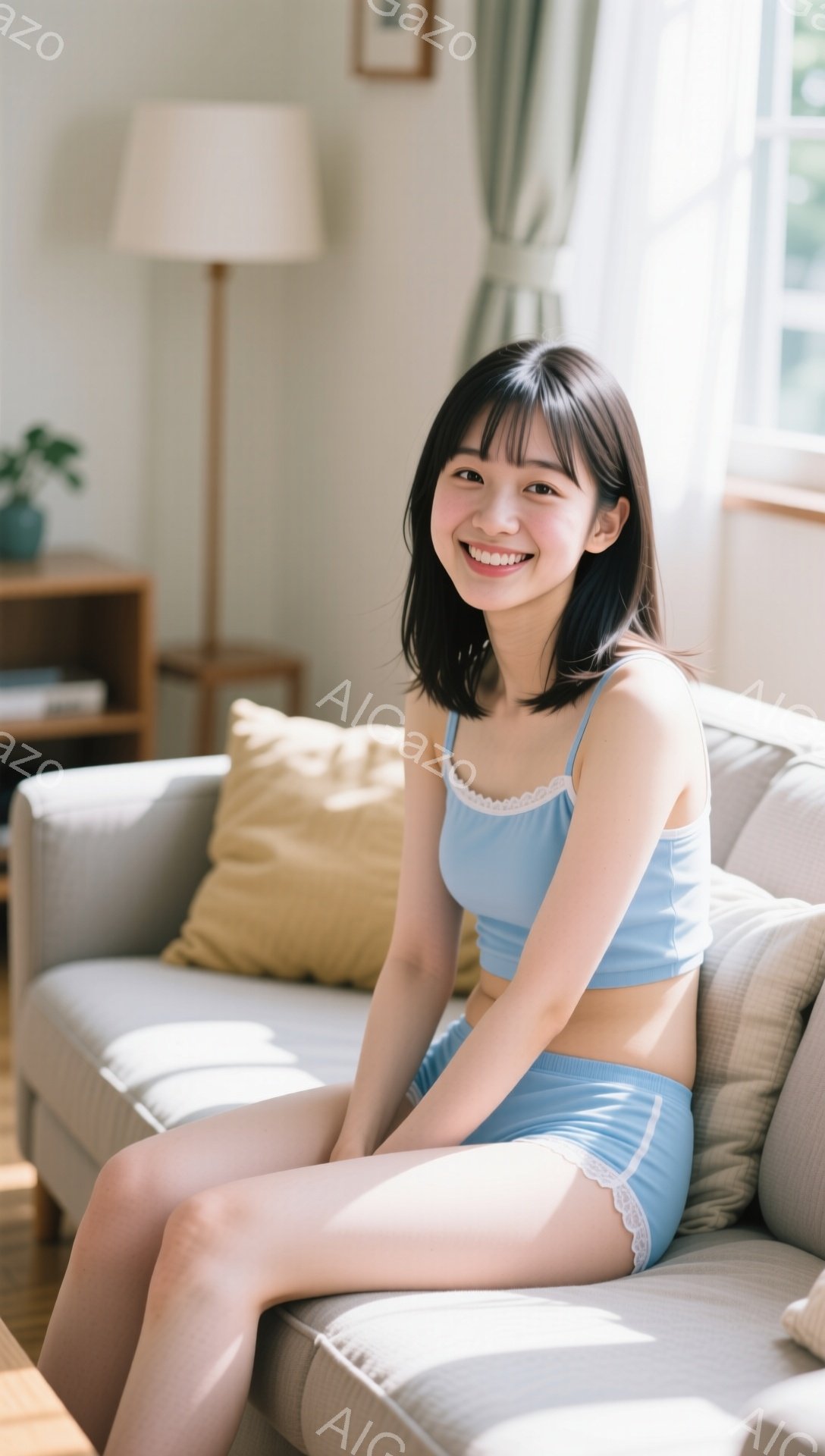 若い女性が明るいリビングルームのソファに座っており、水色のキャミソールとショーツ姿で微笑んでいます。彼女は黒髪のストレートヘアで、前髪が眉毛にかかっており、リラックスした姿勢で脚を組んでいます。背景に - AI生成フリー素材