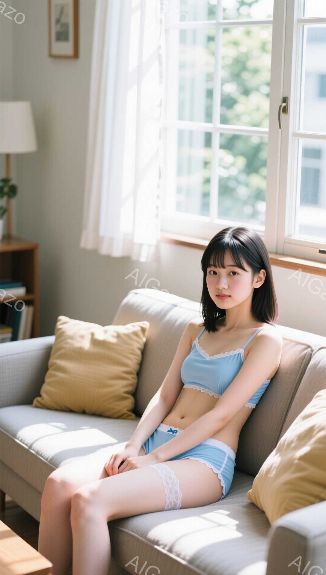 明るいリビングルームで、若い女性がソファに座ってこちらを見ている。彼女は水色のランジェリーセットを身に着け、肩までの黒髪に前髪を垂らしている。背景には窓から差し込む光と、オフホワイトのカーテン、そして - AI生成フリー素材