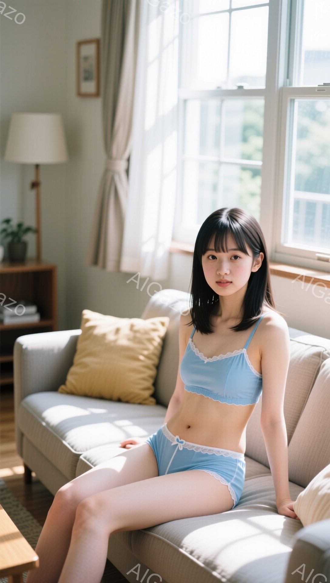 黒髪で前髪を下ろした若い女性が、水色のランジェリーセットを身に着けてソファに座っています。彼女は少し微笑んでおり、リラックスした姿勢で足を組んでいます。背景には、日差しが差し込む窓と、シンプルな家具が - AI生成フリー素材