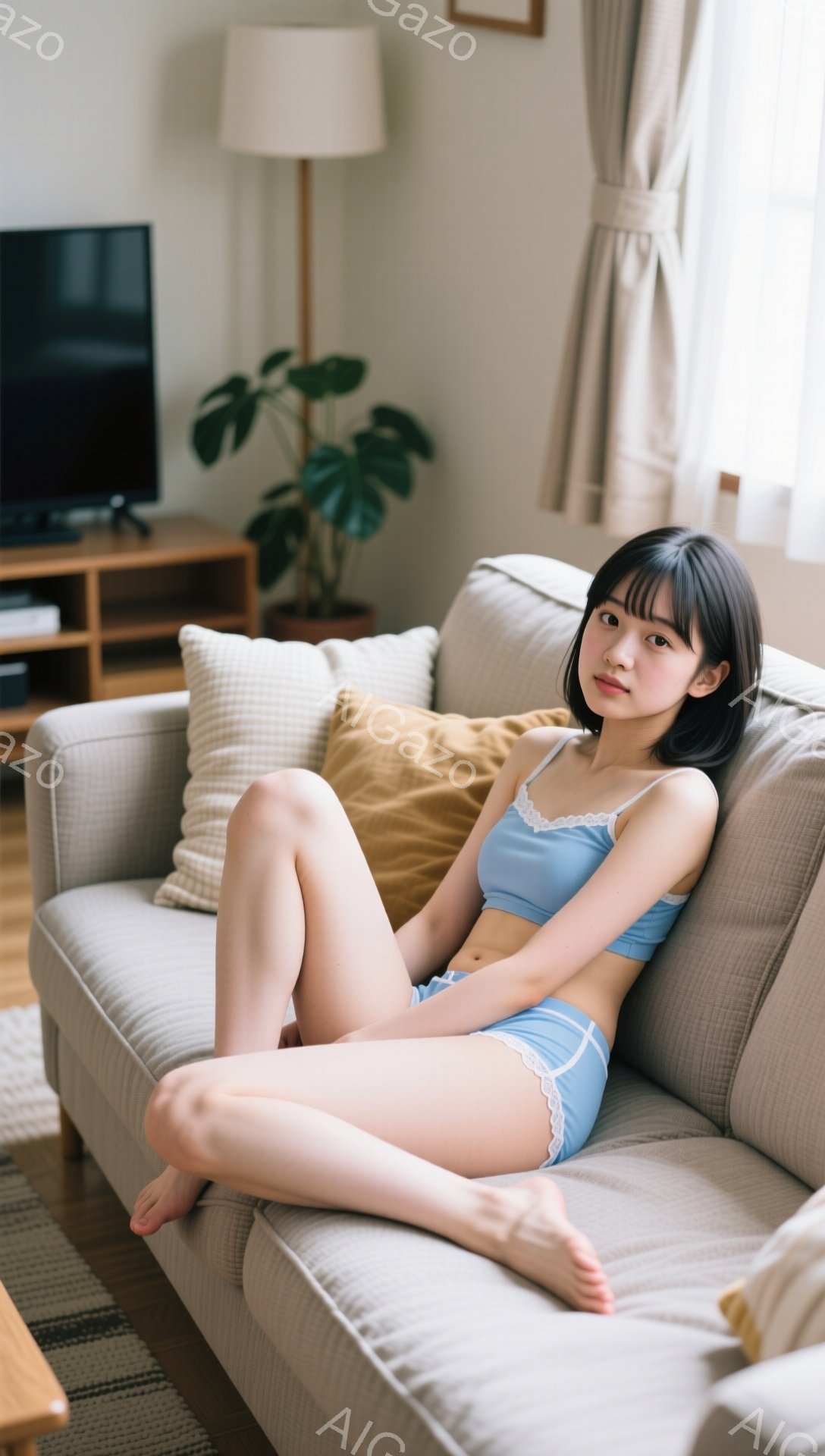 明るいリビングルームで、若い女性がソファに座っています。彼女は水色のブラとショーツ姿で、素足で、少し足を曲げてリラックスしたポーズをとっています。背景にはテレビ、観葉植物、そして自然光が入る窓があり、穏やかで温かい雰囲気です。