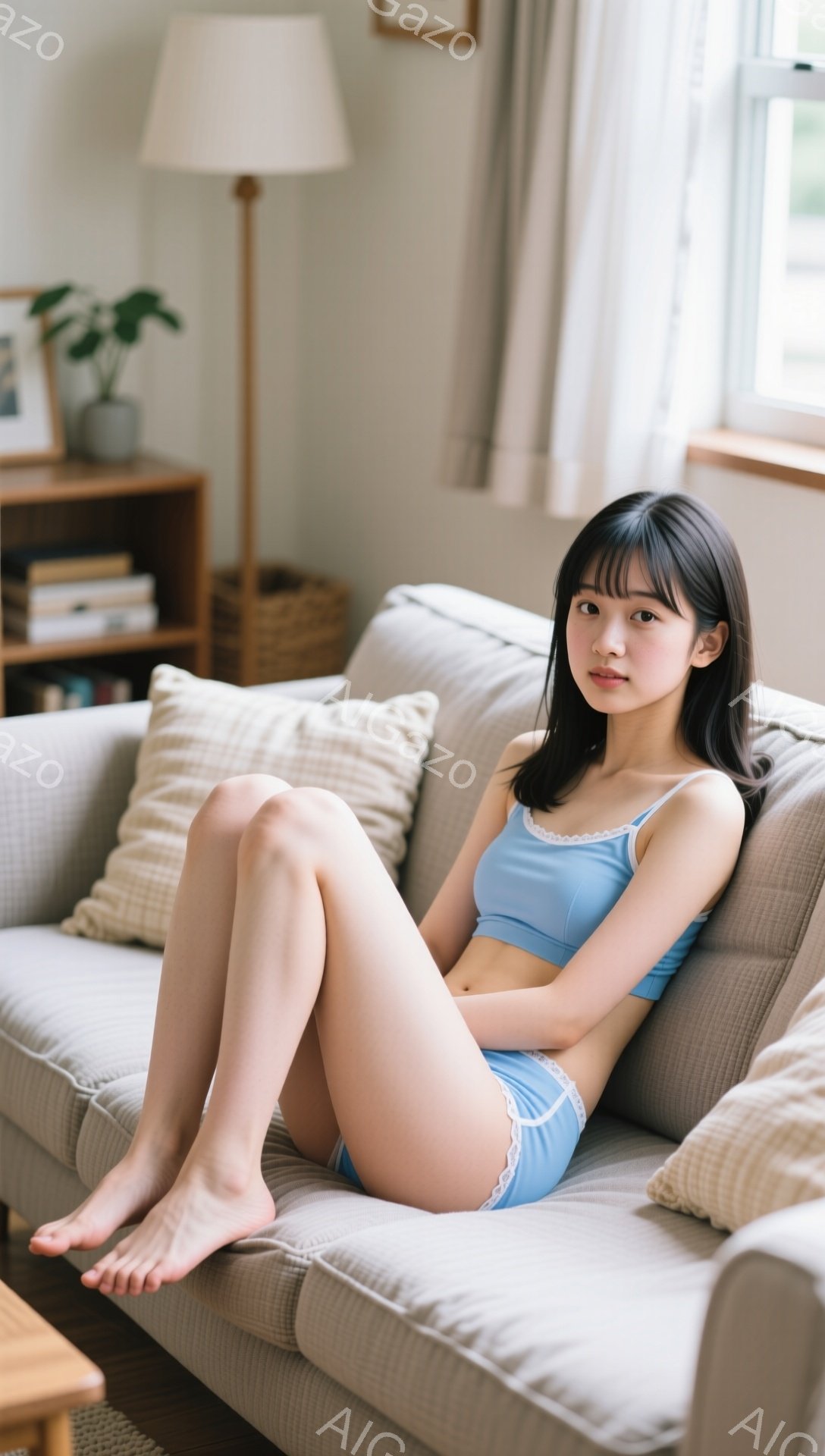 柔らかい光が差し込むリビングで、女性がソファーに座ってリラックスした様子が写っている。彼女はパステルブルーのキャミソールとショーツ姿で、ストレートの黒髪に前髪を流し、穏やかな表情でカメラを見つめている。背景には木製の棚や観葉植物が見え、温かく落ち着いた雰囲気が漂っている。
