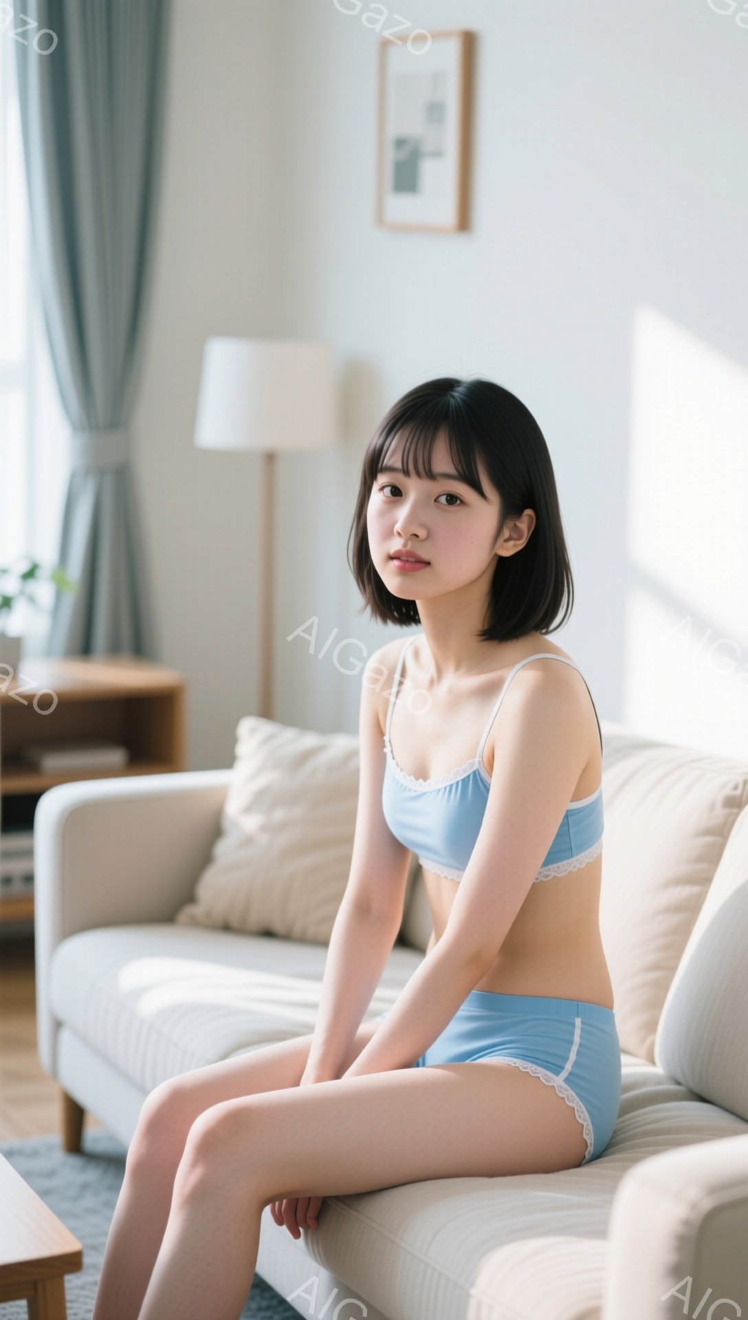 若い女性が白いソファに座っており、水色のブラとショーツを着用しています。彼女は黒髪のショートヘアで、前髪が目に少しかかっています。表情は穏やかで、少し微笑んでいるように見え、背景にはシンプルなリビング - AI生成フリー素材