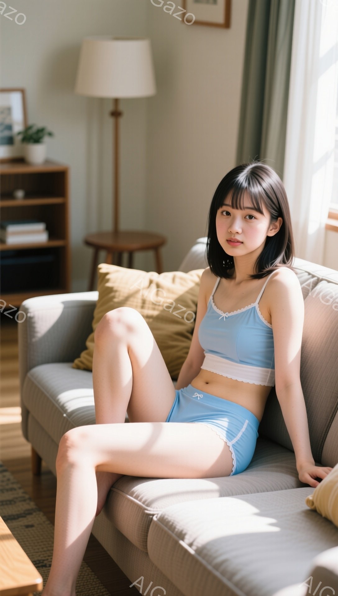 モデルは、明るいリビングルームのソファに座っており、水色のキャミソールとショーツを着用しています。彼女は黒髪で、前髪が目にかかるようにカットされており、わずかに微笑んでいます。背景には木製のサイドテー - AI生成フリー素材