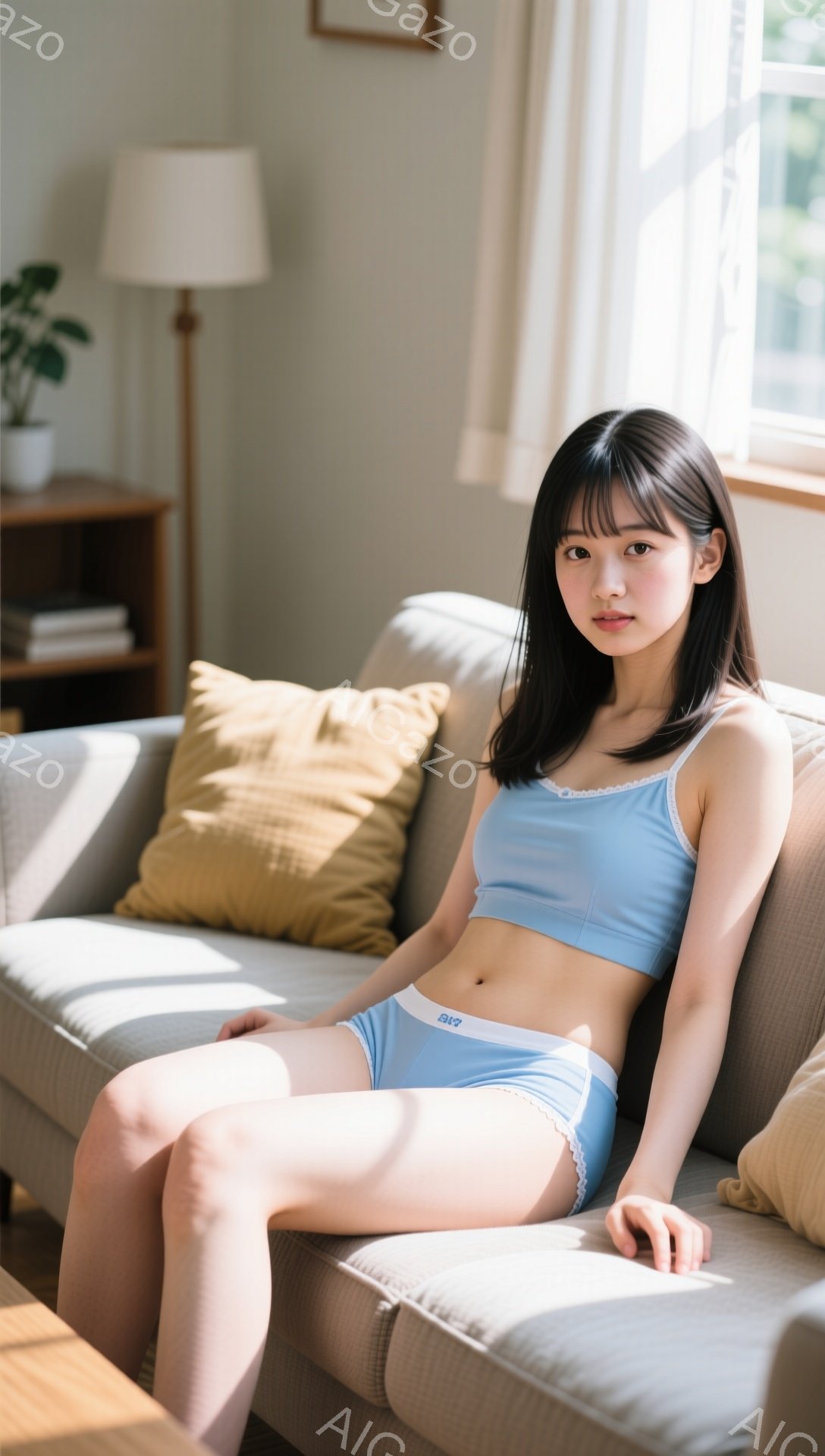 浅いブルーのキャミソールとショーツを着用した若い女性が、明るいリビングルームのソファに座っています。彼女は肩までの黒髪で、前髪は目に少しかかっています。リラックスした姿勢で、軽く微笑んでおり、全体的に - AI生成フリー素材