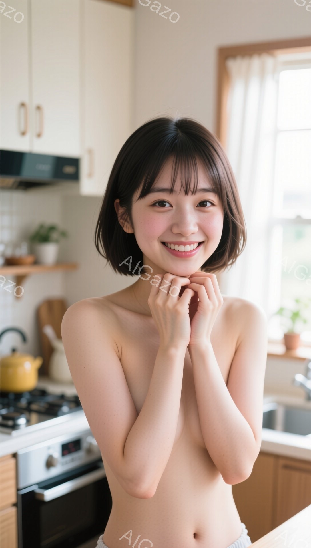 短い茶色のヘアスタイルをした若い女性が、キッチンで微笑みながらポーズをとっています。彼女は上半身裸で白い下着を着用し、両手で頬を挟んでいます。背景には、白いキャビネット、ガスコンロ、そして植物が飾られた窓が見え、明るく暖かな雰囲気です。