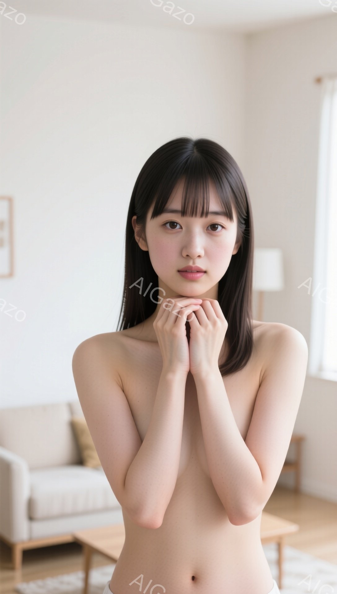 黒髪の女性が、白い背景の部屋で、上半身を裸にしてポーズをとっています。彼女は両手で頬を挟み、少し微笑んだ表情をしています。背景には、ベージュのソファと木製のローテーブルが見え、室内は明るく穏やかな雰囲気です。