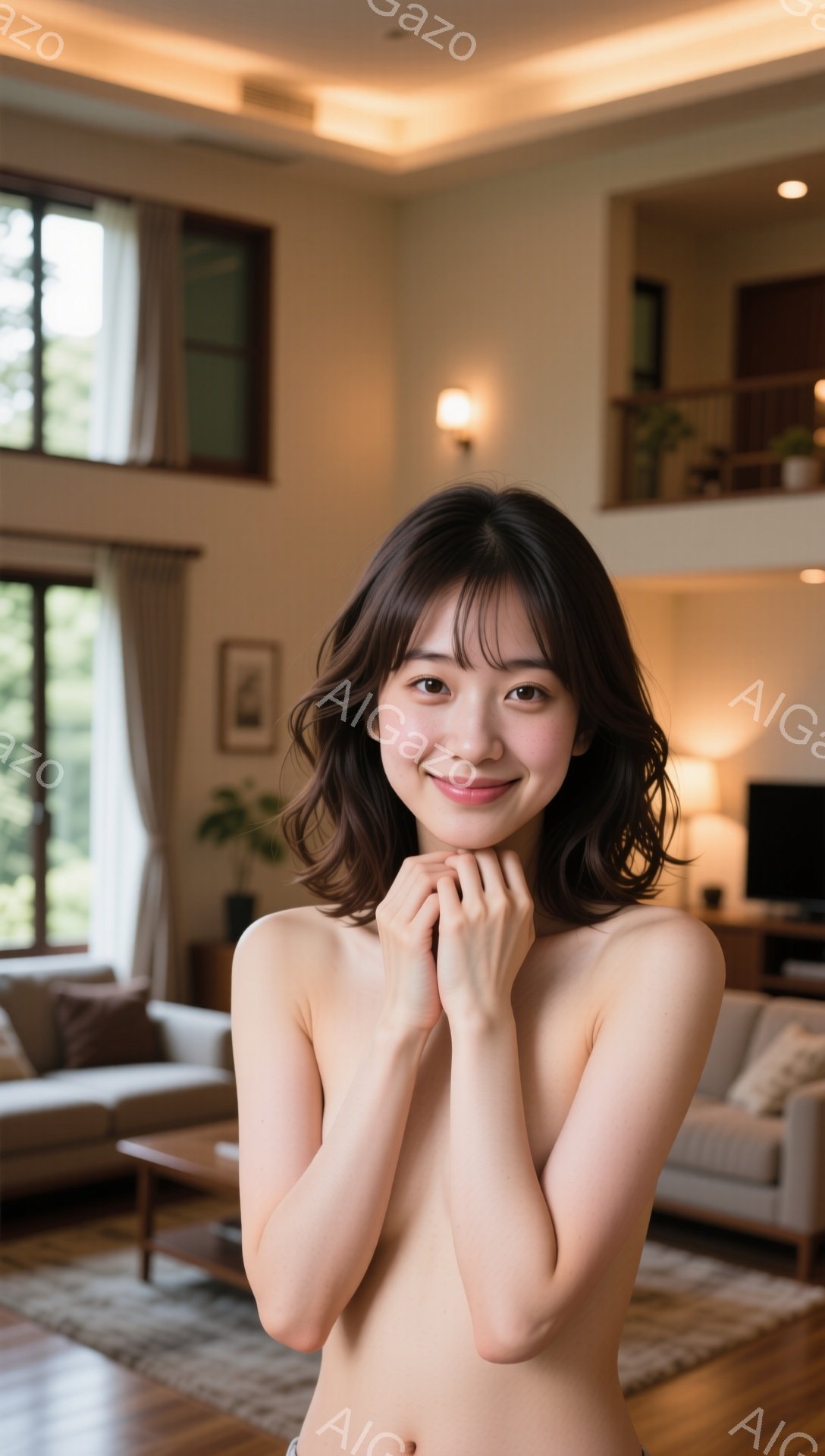 明るいリビングルームで、若い女性がカメラに向かって微笑んでいます。彼女は肩出しの状態で、茶色のウェーブヘアで、両手で頬を抱えています。背景には、大きな窓、白いソファ、木製の家具が見え、部屋全体が温かく、穏やかな雰囲気を醸し出しています。