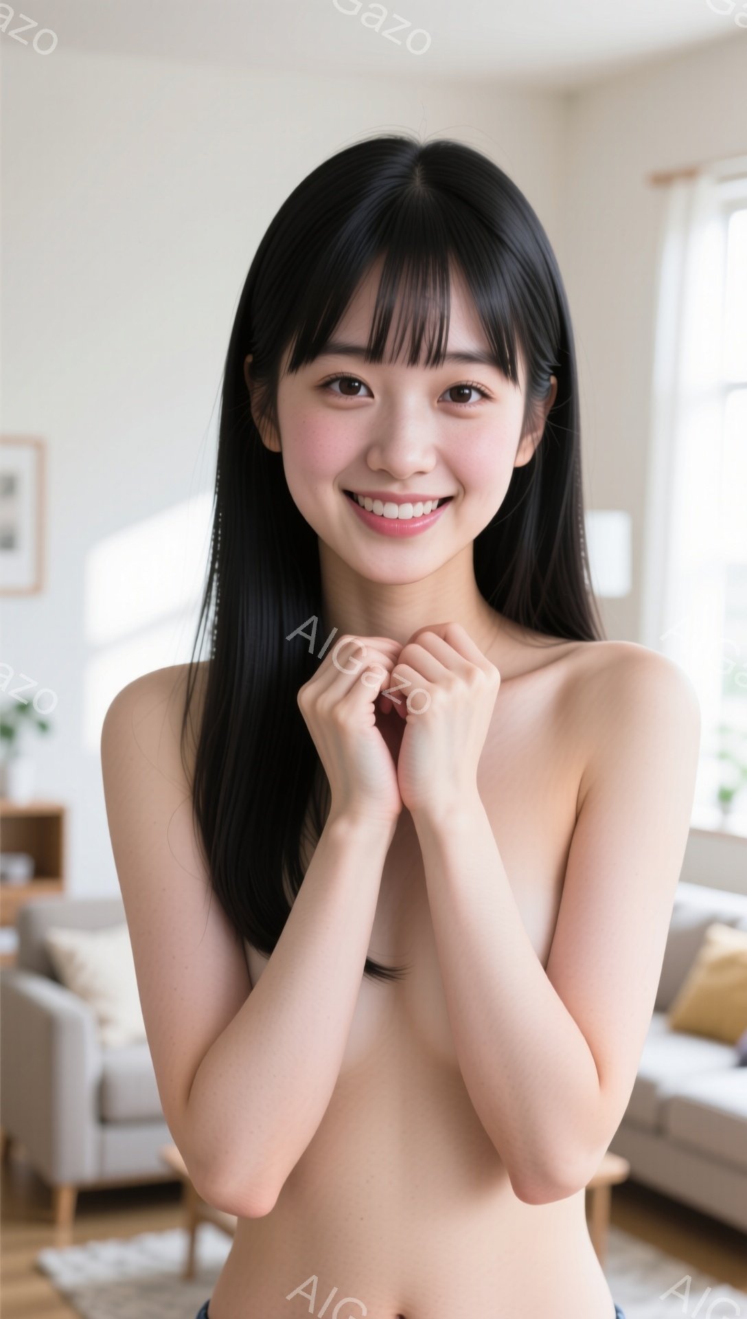 長い黒髪をセンターパートにした若い女性が写っています。彼女は上裸で、両手を頬に当てて微笑んでいます。背景はリビングルームで、ソファや植物が見え、明るく穏やかな雰囲気です。