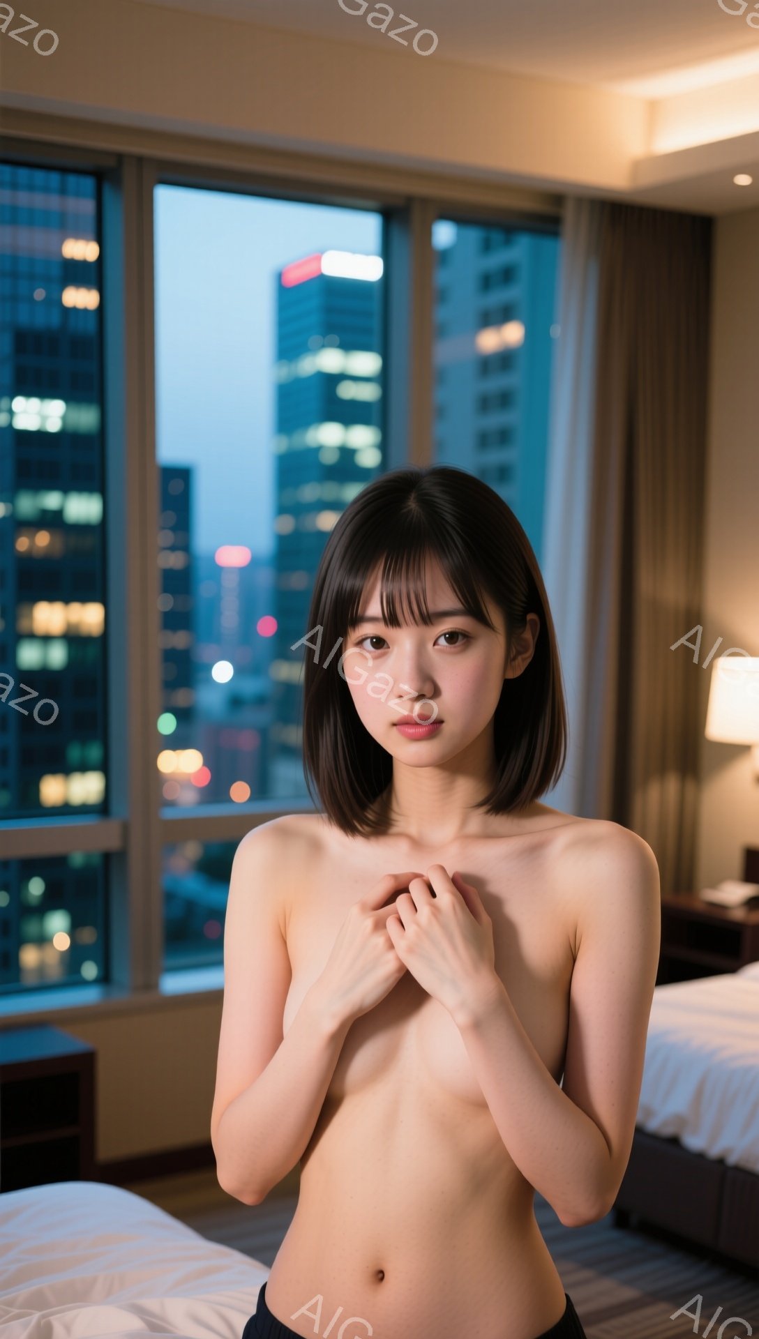 短い黒髪の女性が、胸の前で両手を重ね、やや下を向いた表情で立っている。背景は高層ビル群が広がる夜景で、室内はベッドが置かれたホテルの一室のようだ。全体的に少し憂いを帯びた、物憂げな雰囲気が漂っている。