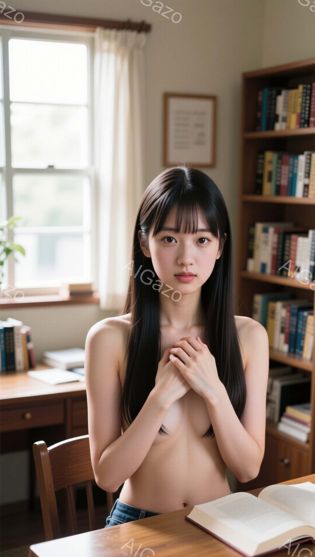 長い黒髪で、前髪が目の上にかかる女性が写っています。彼女は上半身裸で、両手を重ねて祈るように胸の前で組んでいます。背景には本棚と窓があり、明るい光が差し込んでいます。