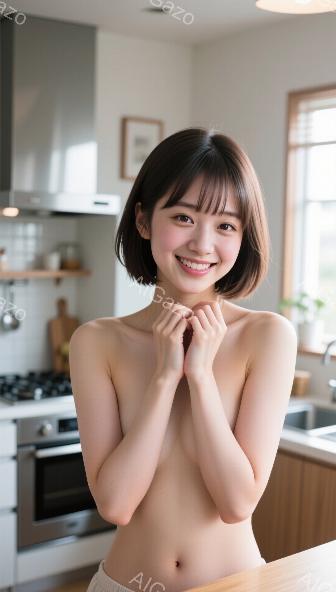 明るいキッチンを背景に、短い茶髪の女性が微笑んでいます。彼女は上半身裸で、両手を頬に当てて可愛らしいポーズをとっています。キッチンには調理器具や自然光が見え、温かく親しみやすい雰囲気が漂っています。
