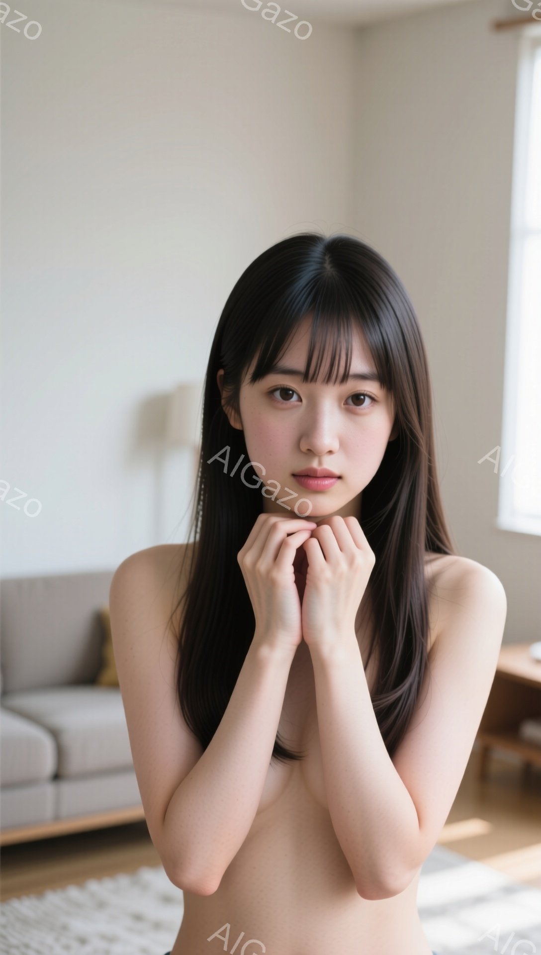 長い黒髪で、前髪は眉毛にかかるように切り揃えられています。女性は上半身裸で、両手を頬に当てて少し微笑んでいます。背景は明るいリビングルームで、ソファや木製の家具が見え、自然光が差し込んでいます。