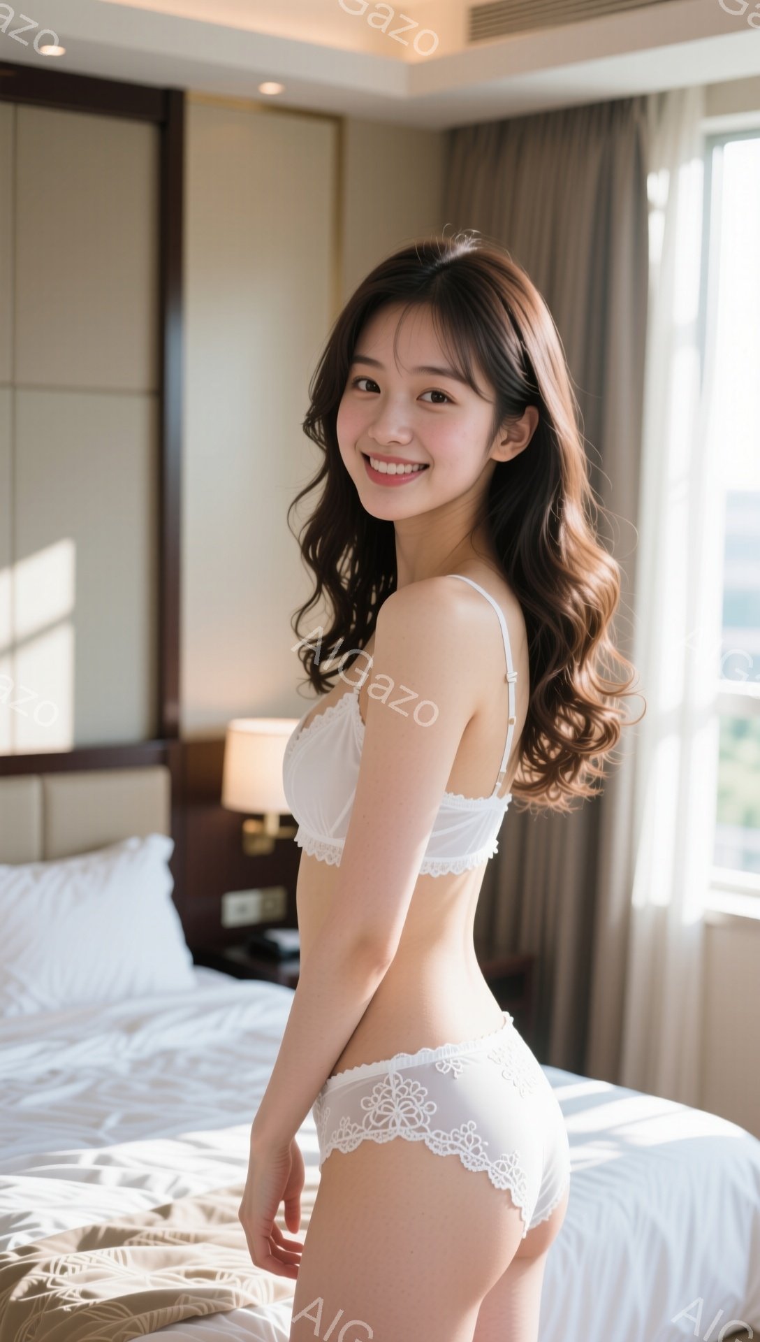 明るい室内で、白いレースのブラとショーツを身につけた若い女性が写っています。彼女は微笑みながら、少し体をひねってカメラを見ており、長い茶髪はゆるくカールされています。背景にはベッドと窓から差し込む光が - AI生成フリー素材