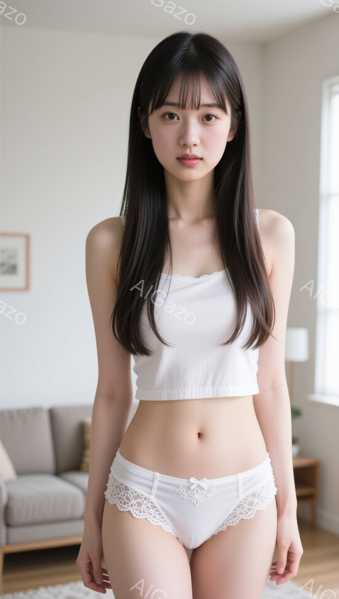 長い黒髪で前髪が眉毛にかかっている若い女性が、白いキャミソールとショーツのセットアップ姿で立っている。彼女はカメラを見つめており、表情は穏やかで少し微笑んでいるように見える。背景にはソファやテーブルが - AI生成フリー素材