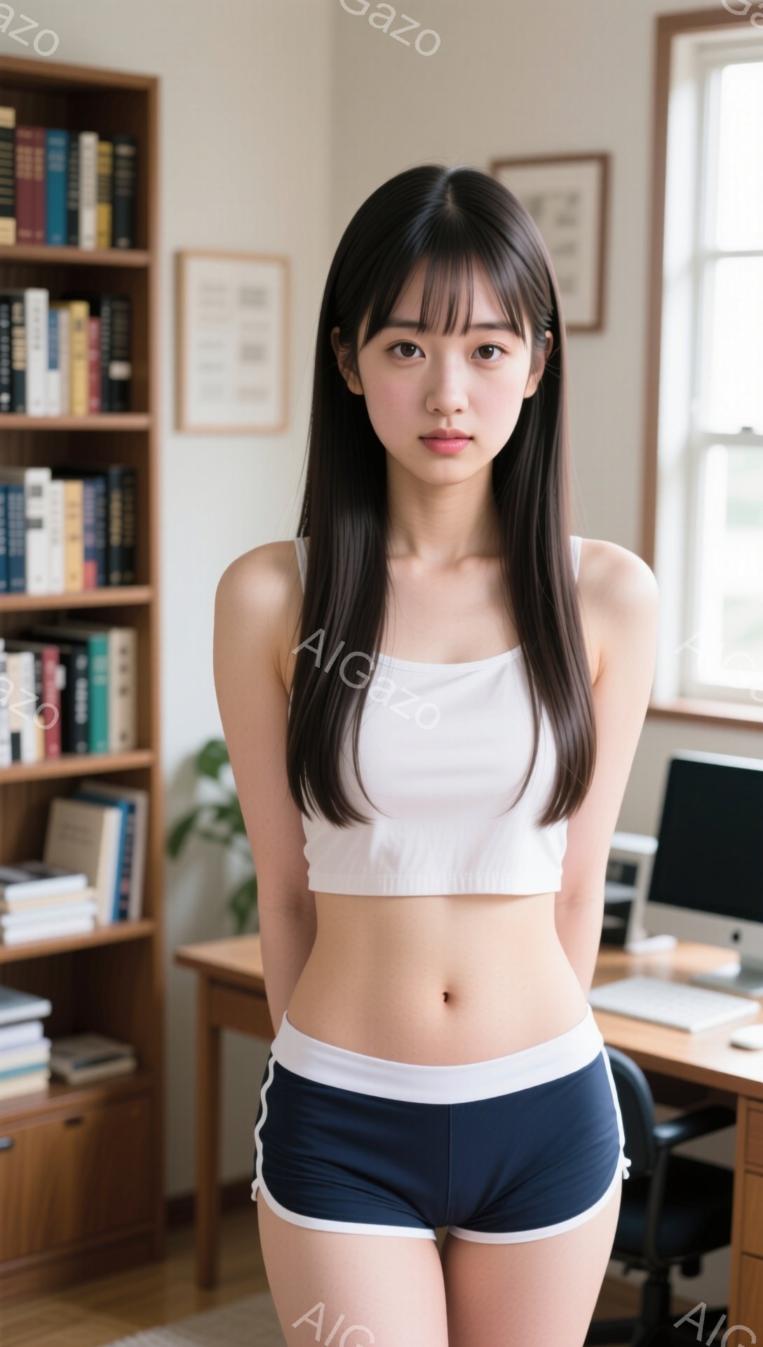 黒髪の長い女性が、白いタンクトップと紺色の短いスポーツショーツ姿で立っている。彼女はまっすぐ前を見ており、やや微笑みをたたえた表情をしている。背景には本棚と机があり、室内であることから、落ち着いた雰囲 - AI生成フリー素材