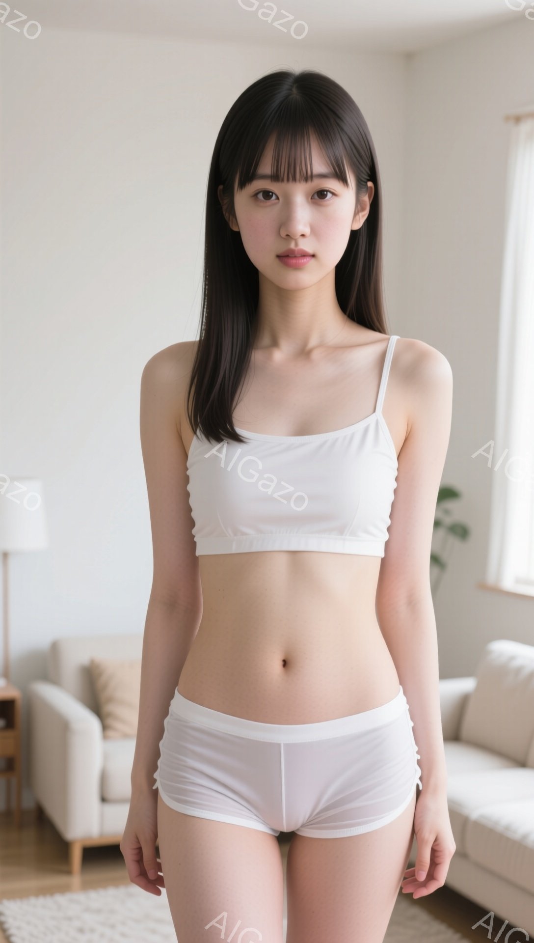長い黒髪を肩まで伸ばした若い女性が、白いタンクトップとショーツ姿で立っている。彼女はまっすぐ前を見ており、表情は落ち着いている。背景には、ベージュ色のソファと観葉植物が見え、部屋は明るく清潔な印象を受ける。