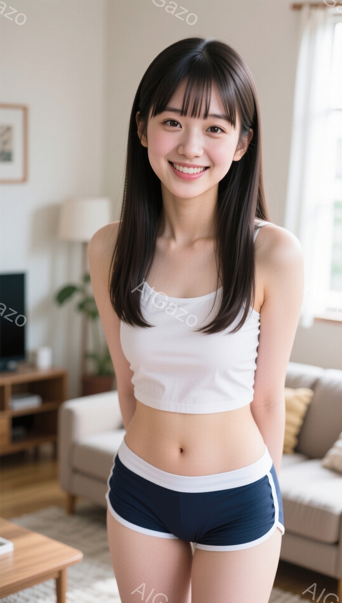 長い黒髪を肩まで伸ばした若い女性が、白いタンクトップと紺色のショートパンツ姿で微笑んでいます。彼女は正面を向き、軽く体を傾けており、引き締まった腹筋が強調されています。背景にはリビングルームの一角が写 - AI生成フリー素材
