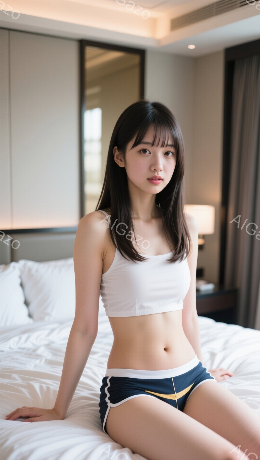黒髪の女性が白いタンクトップと紺色のショートパンツを着用し、白いベッドに座っています。彼女は少し微笑んでいて、リラックスした表情をしています。背景には、モダンな内装の部屋と間接照明が見え、全体的に穏や - AI生成フリー素材