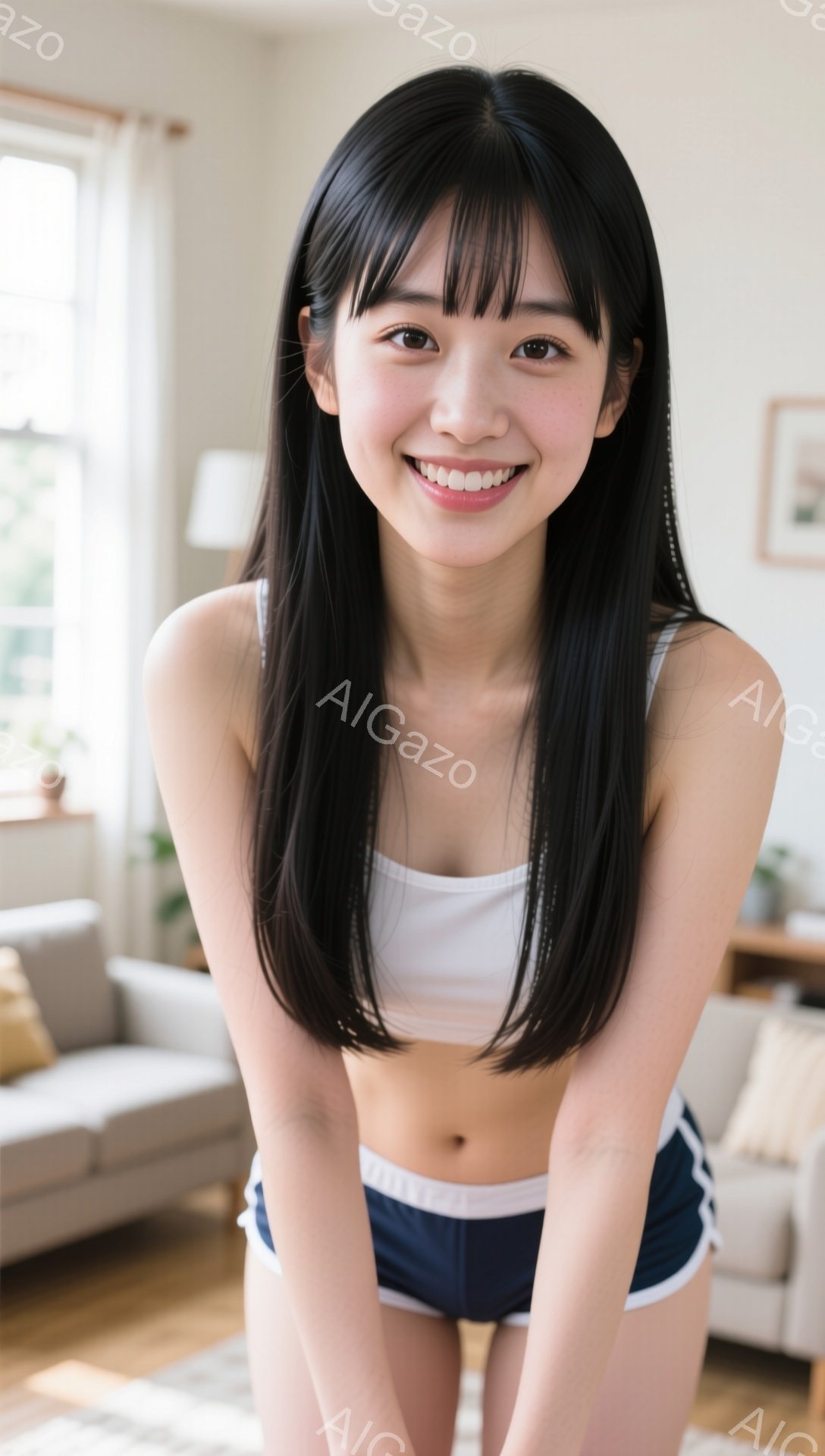 黒髪の女性が白いタンクトップと紺色のショートパンツを着用し、微笑んでいます。彼女は少し前かがみになり、両手を腰に当てています。背景には、ソファや観葉植物のある明るいリビングルームが見え、全体的にリラッ - AI生成フリー素材