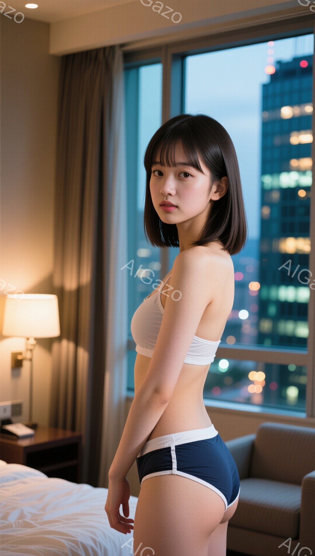短い黒髪の女性が、白いブラトップと紺色のビキニショーツ姿で、ホテルの一室で背中を向けて立っている。彼女は少し体をねじり、リラックスした表情でこちらを見ている。背景には夜景が見える大きな窓と、ベージュ色のソファやベッド、テーブルなどの家具がある。