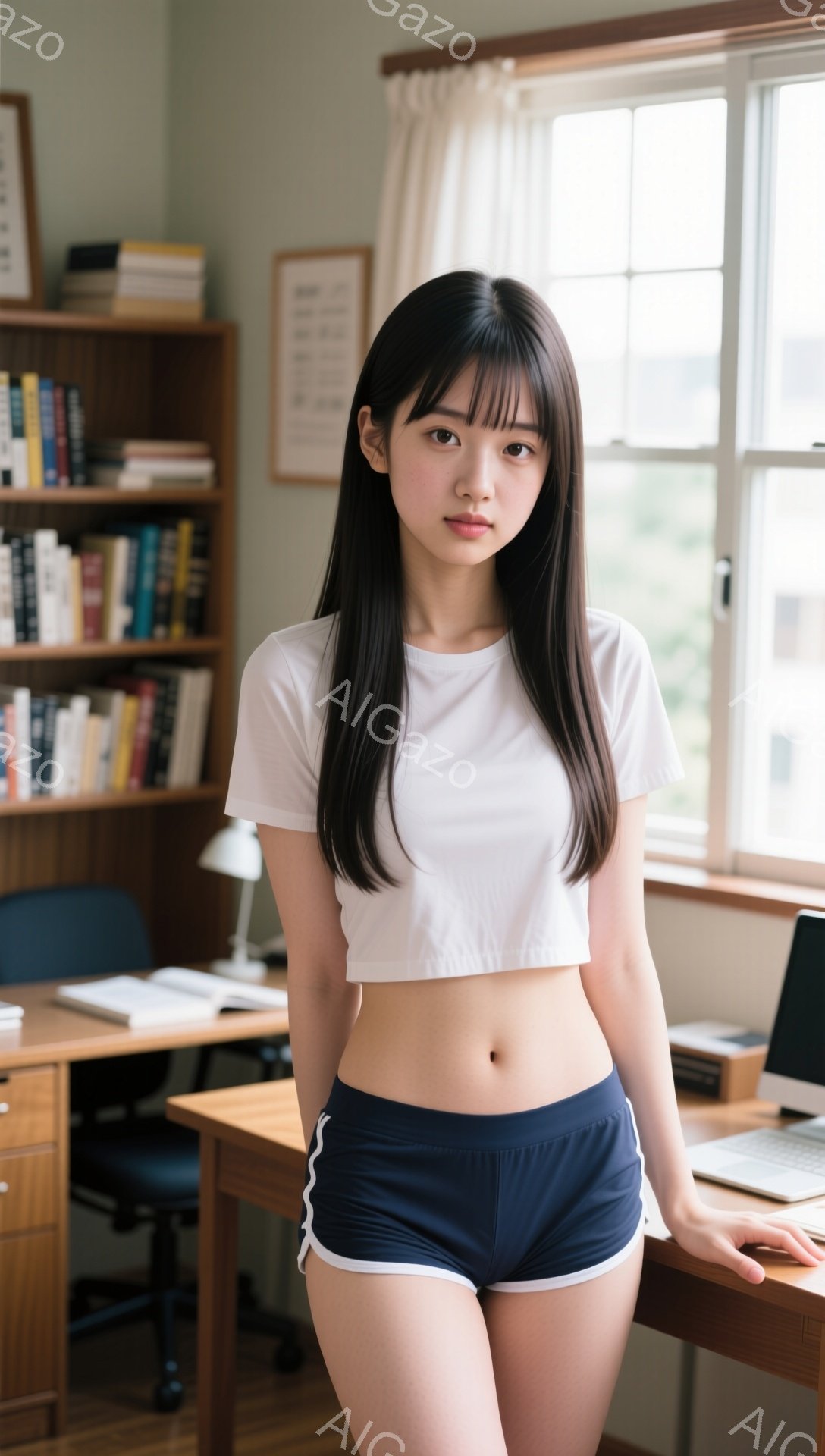 長い黒髪で前髪が目の上にかかっている女性が、白いクロップド丈のTシャツと紺色の短い運動用ショーツを身につけて立っています。彼女は少し微笑んでおり、片手を机に置いてリラックスした姿勢をとっています。背景 - AI生成フリー素材