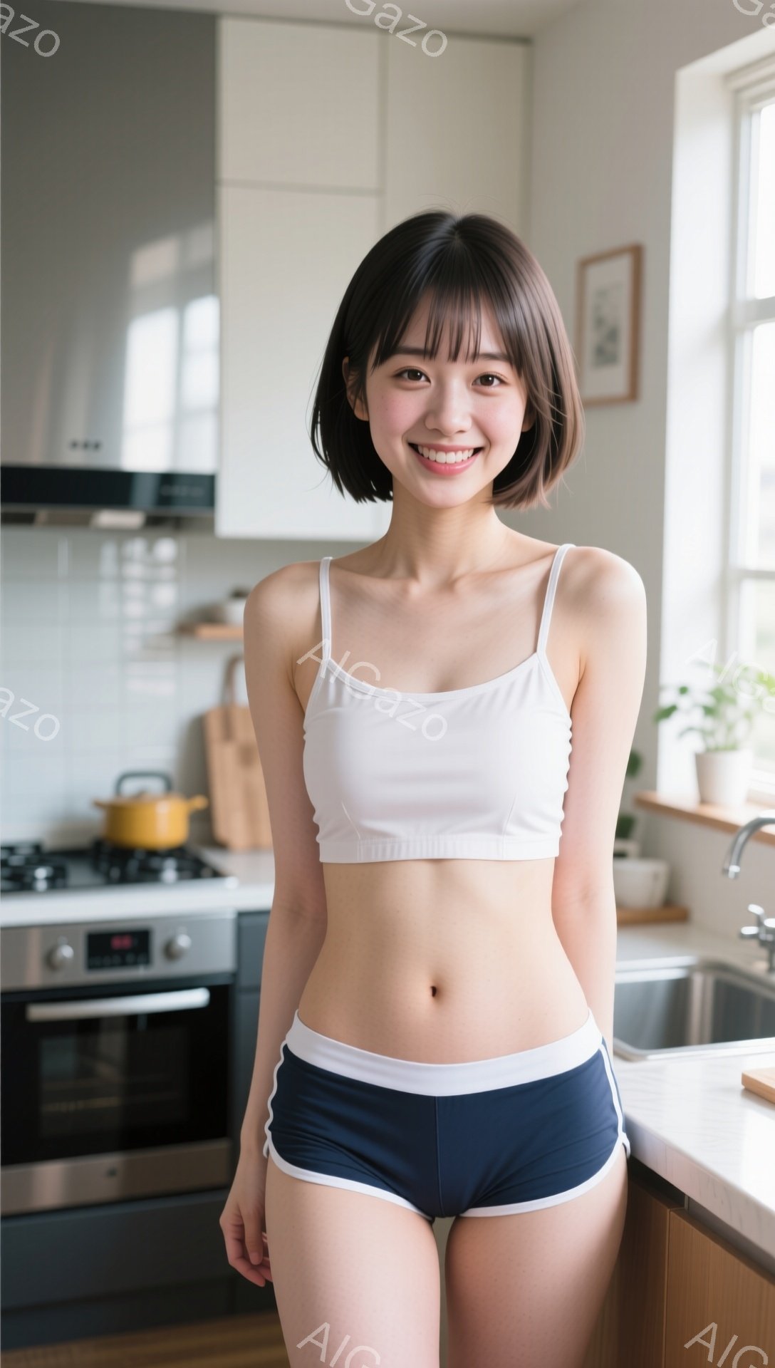 短い黒髪の女性がキッチンに立っており、白いキャミソールと紺色のショートパンツを身に着けています。彼女はカメラに向かって微笑んでおり、姿勢はリラックスしています。背景には、シンク、コンロ、キャビネットな - AI生成フリー素材