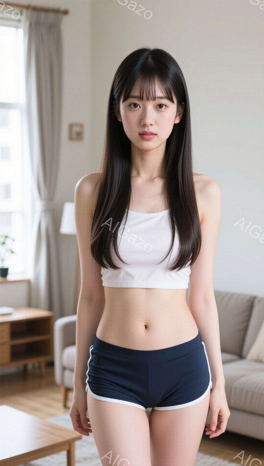 長い黒髪で前髪を作った女性が、白いタンクトップと紺色のショートパンツを着て立っています。彼女は真っ直ぐ正面を見つめ、少し微笑んでいるように見えます。背景には、ベージュのソファと木製の家具があり、室内は - AI生成フリー素材