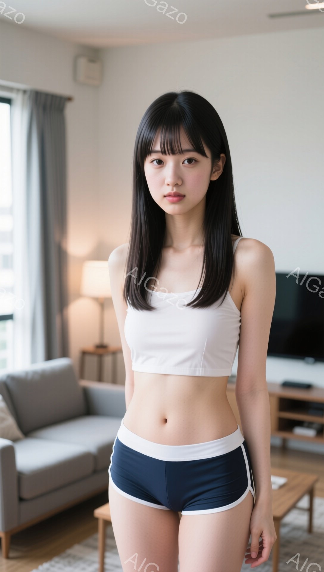 黒髪の女性が白いクロップド丈のトップスと紺色のショートパンツを着て立っている。彼女はストレートヘアで前髪が目にかかり、穏やかな表情で正面を見ている。背景にはグレーのソファや木製の家具が配置されたリビングルームが見える。