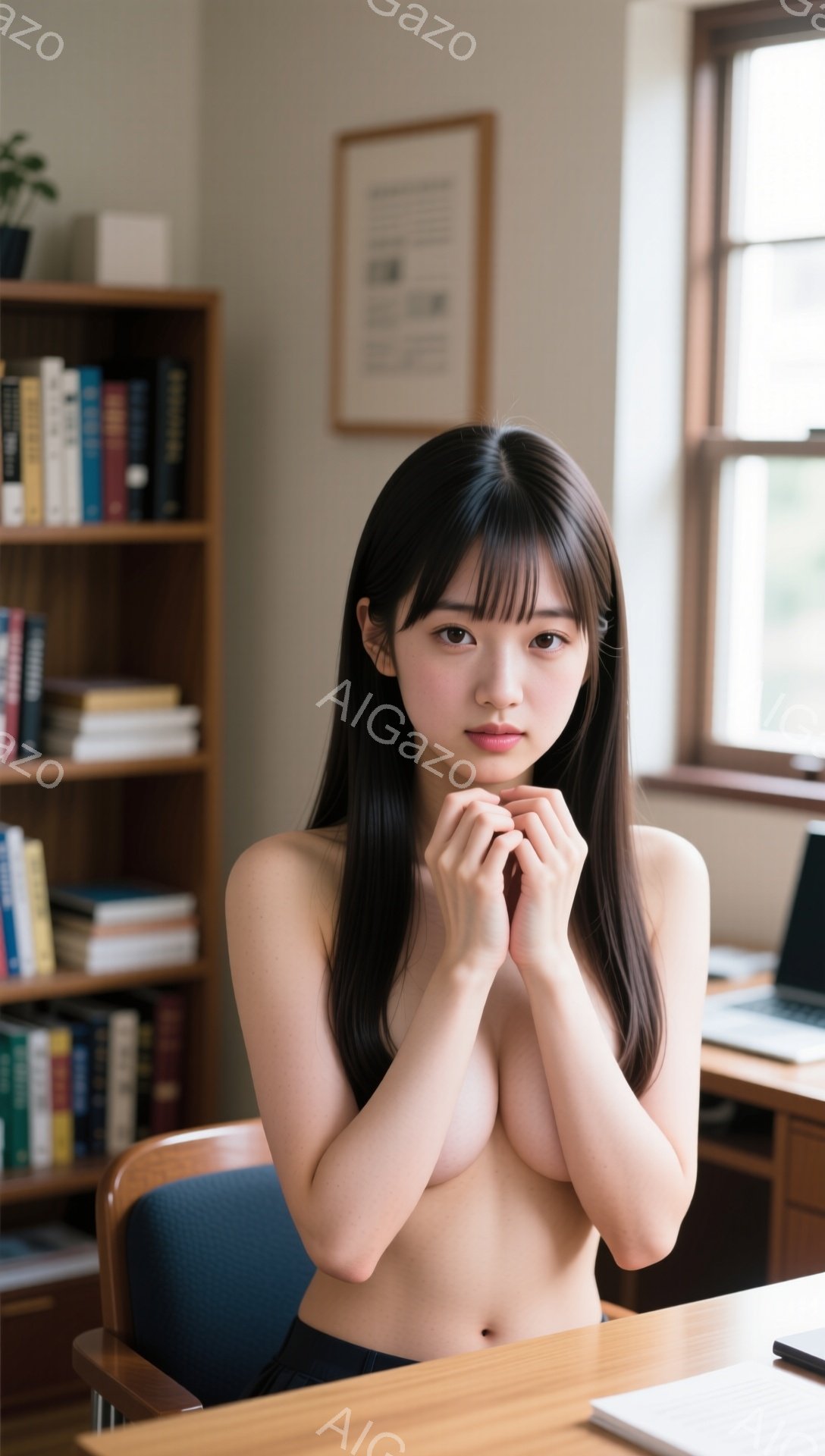 長い黒髪で、前髪は眉毛にかかるようにカットされた女性が写っています。彼女は椅子に座り、両手を重ねて顎の下に当てています。背景には本棚と机があり、窓からは自然光が差し込んでおり、落ち着いた雰囲気です。 - AI生成フリー素材