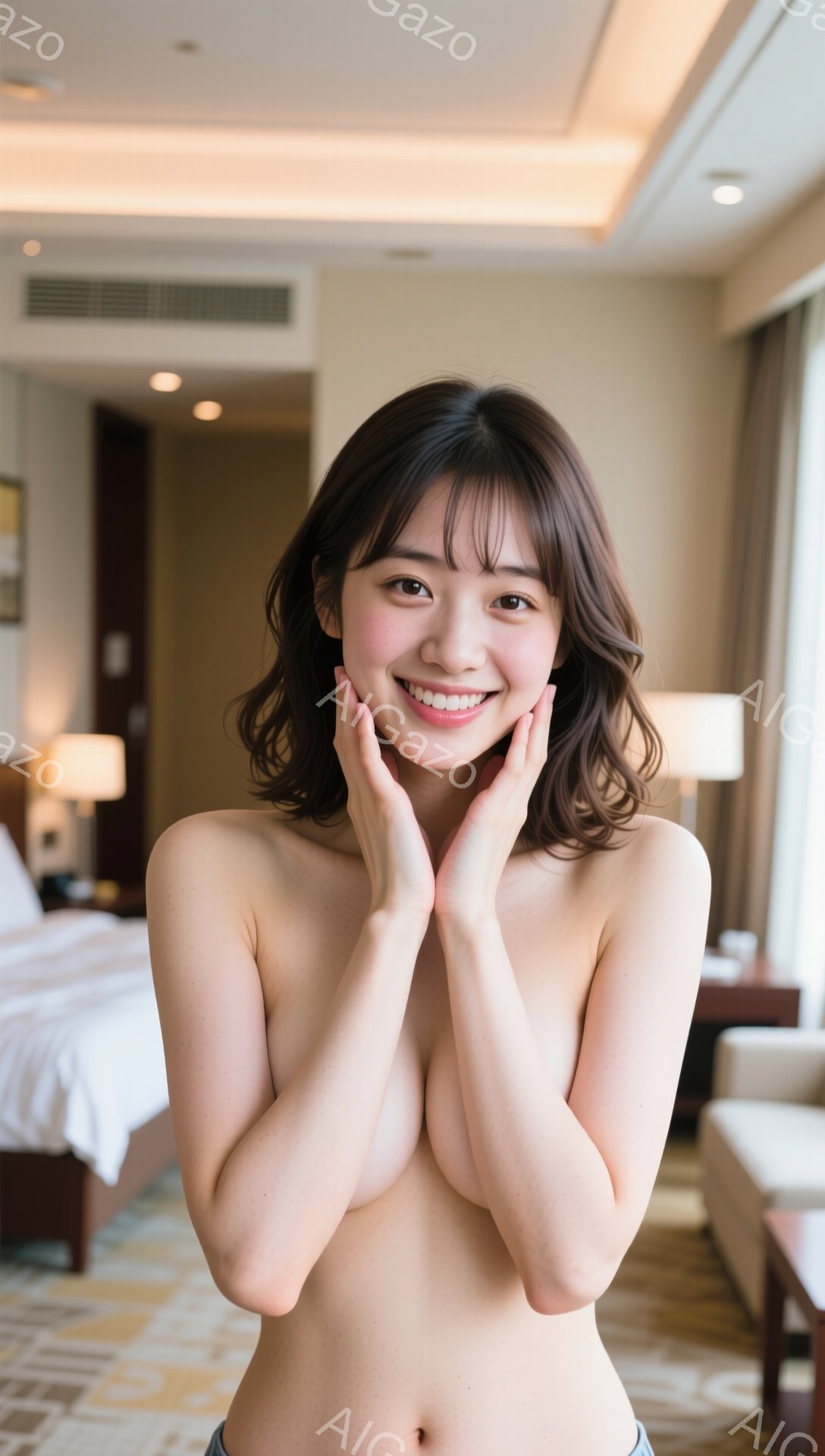 明るい室内で、若い女性が微笑んでいます。彼女は肩から上が裸で、顔の横に両手を添えてポーズを取っています。背景には白いベッドとベージュ色のソファがあり、ホテルの部屋のような雰囲気です。 - AI生成フリー素材