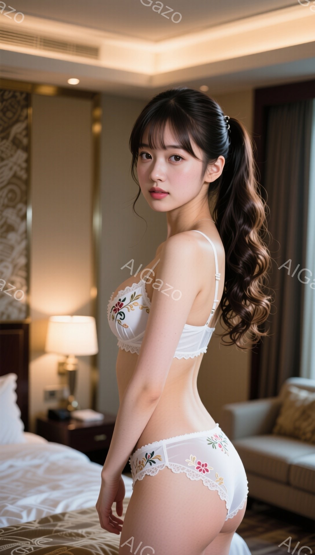 明るいベージュ系の客室で、女性が白いレースのブラとショーツを身に着けて立っています。彼女は長い茶色の髪を高い位置でポニーテールにしており、少し微笑んでカメラを見ています。背景にはベッドやソファがあり、部屋全体が上品でリラックスした雰囲気を醸し出しています。