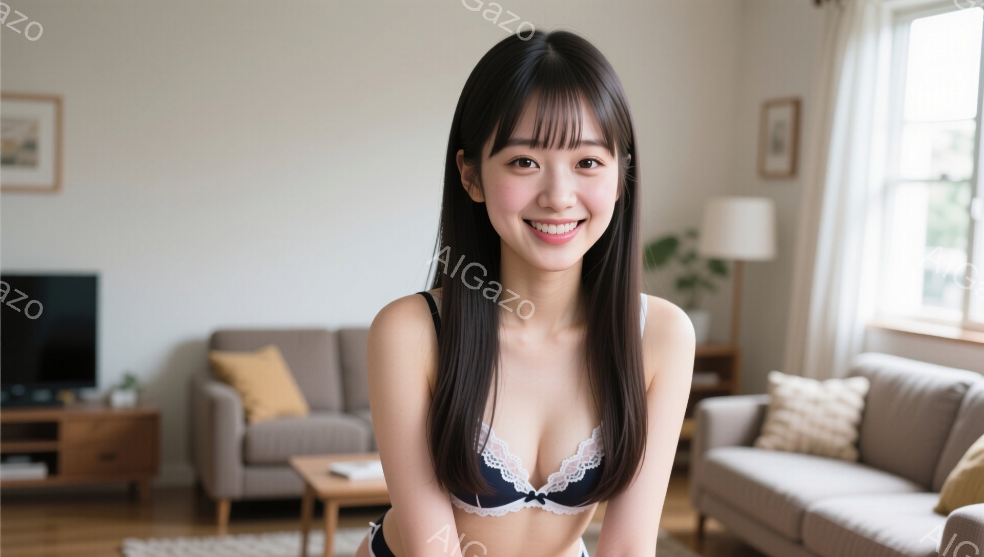 長い黒髪で、前髪は眉毛にかかるようにカットされた女性が写っています。彼女はレースのブラジャーとショーツを着用し、微笑んでいます。背景には、ソファ、テレビ、テーブルがあり、明るく、居心地の良いリビングル - AI生成フリー素材