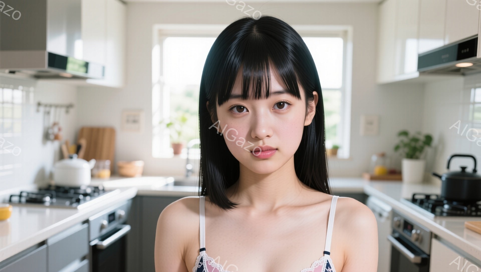 黒髪の女性がキッチンで正面を向いて立っています。彼女は肩出しのパステルカラーのキャミソールを着ており、前髪は眉毛にかかる程度に切り揃えられています。キッチンの背景には、調理器具や植物が置かれ、明るい光 - AI生成フリー素材