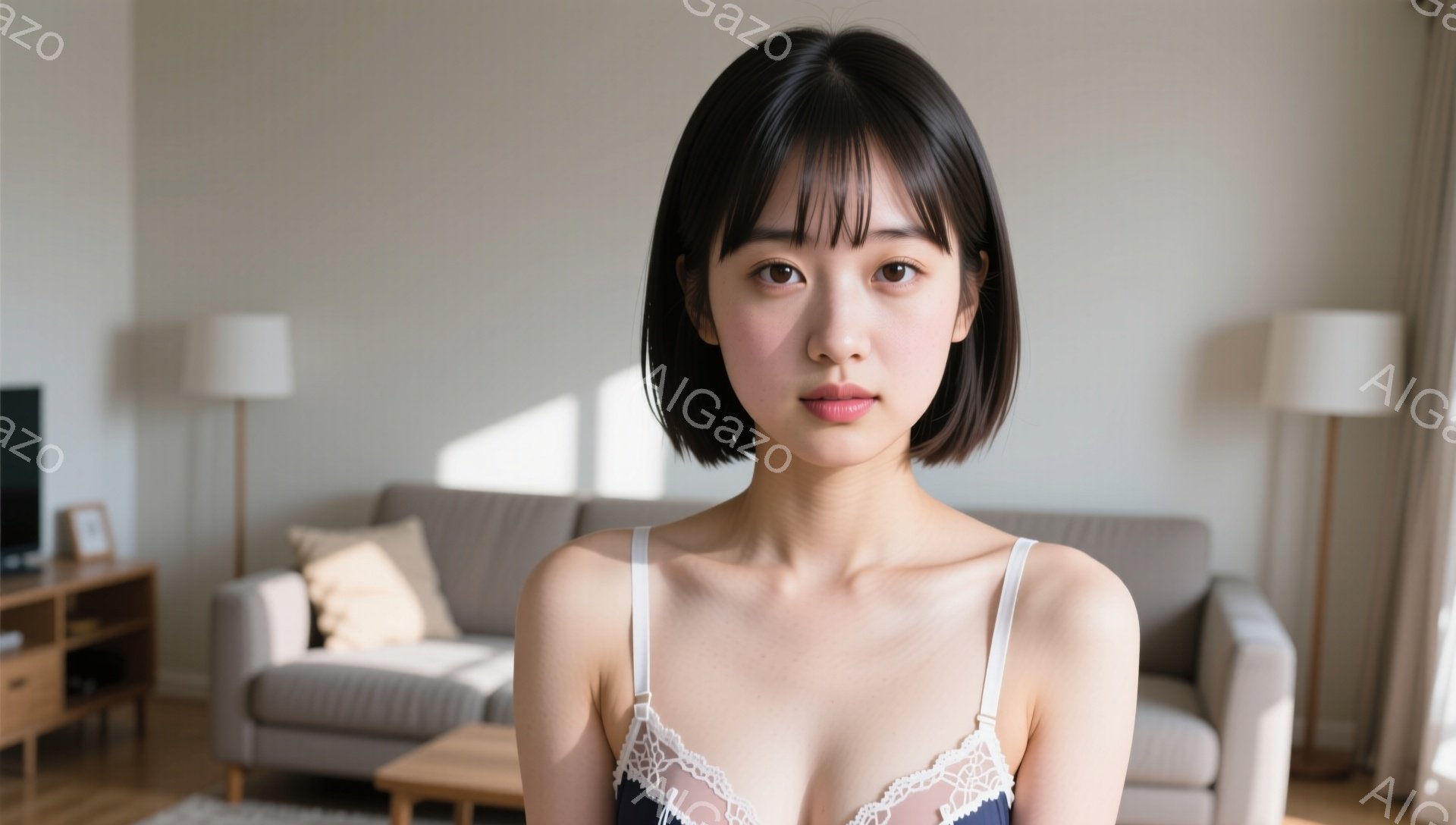 短い黒髪に前髪を下ろした女性が、レースのキャミソールを着て正面を向いています。彼女はやや微笑んでおり、リラックスした表情をしています。背景には、ベージュのソファと木製の家具があり、明るい自然光が差し込 - AI生成フリー素材