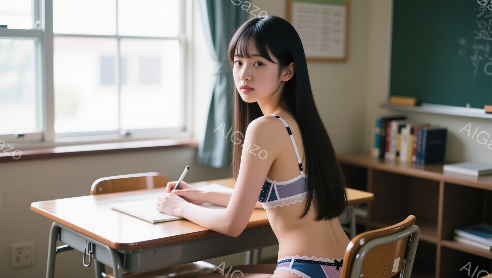 長い黒髪で前髪が目にかかる女性が教室で机に向かっています。彼女は紫色のレースが縁取られたブラとショーツのみを身に着けており、姿勢はやや後ろ向きでペンを手に何かを書き込んでいるようです。背景には黒板、本棚、そして窓から差し込む光があり、少し物憂げな雰囲気を醸し出しています。