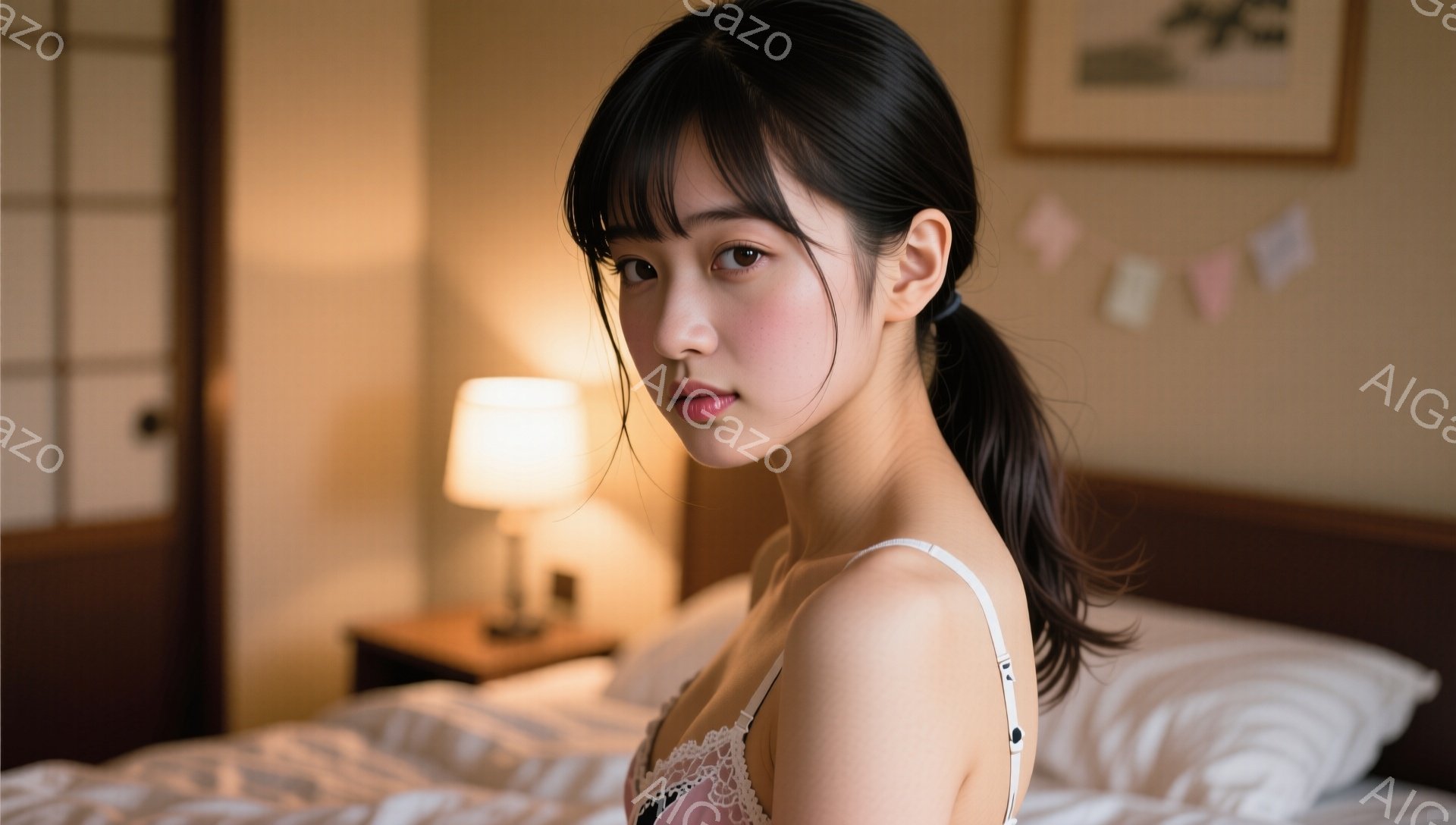 長い黒髪をポニーテールにした若い女性が、レースのキャミソールを着てベッドに横たわっています。彼女はカメラの方を少し振り返り、穏やかで微笑ましい表情をしています。背景には木製のナイトスタンドとランプ、そ - AI生成フリー素材