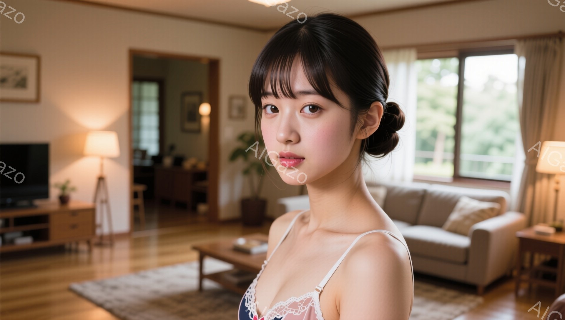 画像は、明るいリビングルームに立つ若い女性を捉えています。彼女は肩を露出し、繊細なレースのトリミングが施されたキャミソールのような服を着ており、髪はきれいにまとめられています。表情は穏やかで、わずかに微笑んでおり、部屋全体が暖かく、居心地の良い雰囲気を醸し出しています。