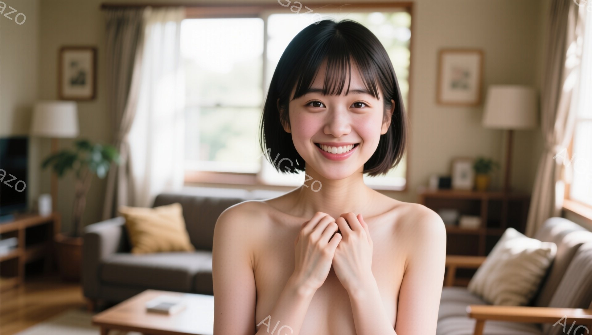 短い黒髪の女性が、柔らかい笑顔でカメラを見つめています。上半身は裸で、両手で頬を包み込むようにしています。背景は明るいリビングルームで、ソファーやテレビ、観葉植物などが見え、穏やかでリラックスした雰囲気が漂っています。