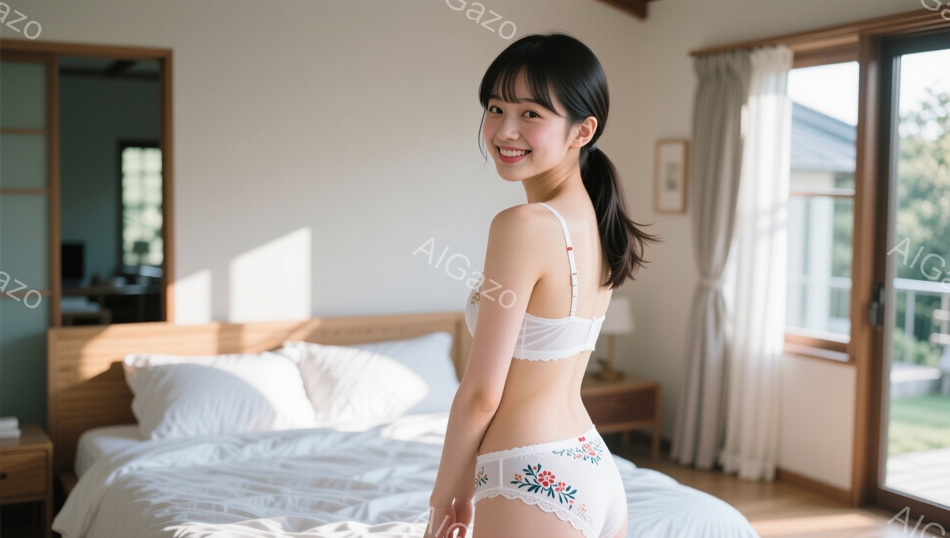 明るい室内で、若い女性が白いブラとショーツ姿で微笑んでいます。彼女は髪をポニーテールにし、少し体をひねってカメラを見ています。背景には白いベッド、木製の家具、そして窓から見える緑豊かな庭があり、穏やかでリラックスした雰囲気が漂っています。